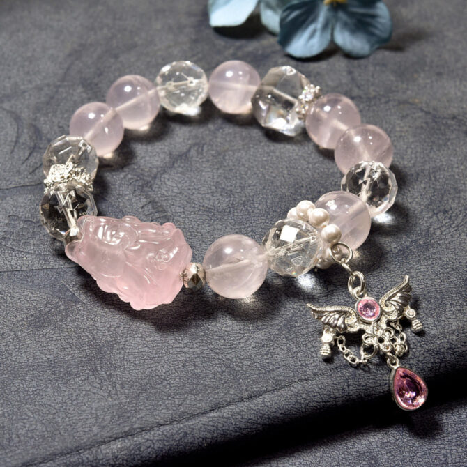 Natural Star Rose Quartz Bracelet, Nine-Tailed Fox Fairy Bead Bracelet, with Micro-Inlaid Angel Wings Pendant and Faceted White Crystal 12MM - Image 2