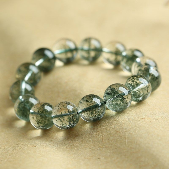 Natural Brazilian green phantom quartz bracelet in starry sky/snowflake style with the pattern of treasure bowl