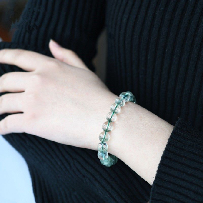 Natural Brazilian green phantom quartz bracelet in starry sky/snowflake style with the pattern of treasure bowl - Image 5