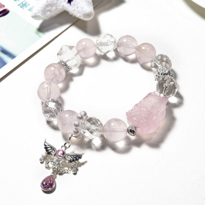 Natural Star Rose Quartz Bracelet, Nine-Tailed Fox Fairy Bead Bracelet, with Micro-Inlaid Angel Wings Pendant and Faceted White Crystal 12MM - Image 3