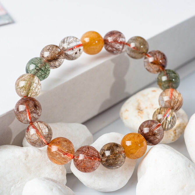 Natural multi-gem colorful rutilated quartz Fulu Shou bracelet, a fashionable couple's accessory - Image 2