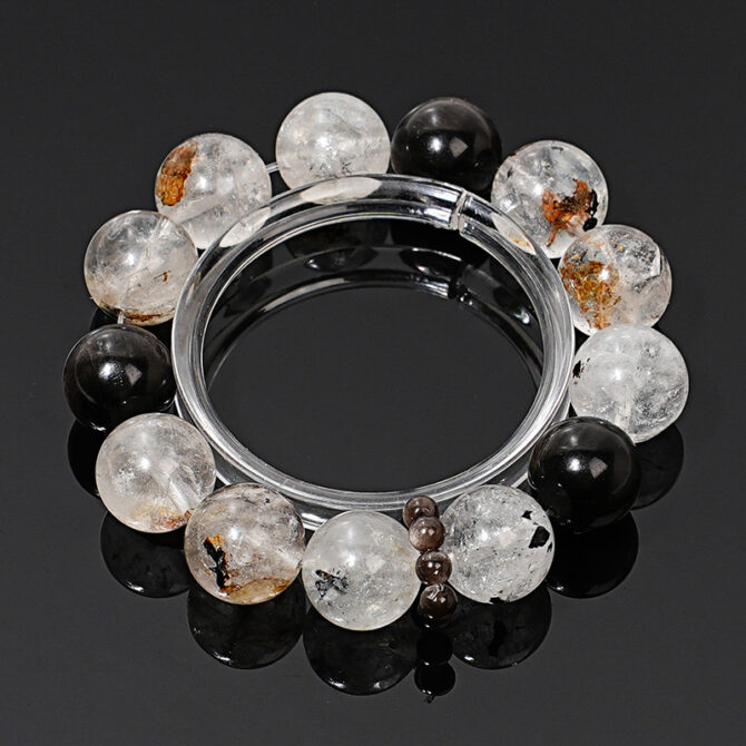 Natural Herkimer Diamond Crystal Bracelet with Obsidian and Silver Sheen Obsidian, 14MM in size.