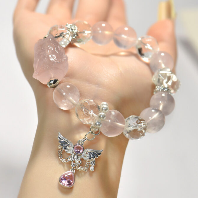 Natural Star Rose Quartz Bracelet, Nine-Tailed Fox Fairy Bead Bracelet, with Micro-Inlaid Angel Wings Pendant and Faceted White Crystal 12MM - Image 4