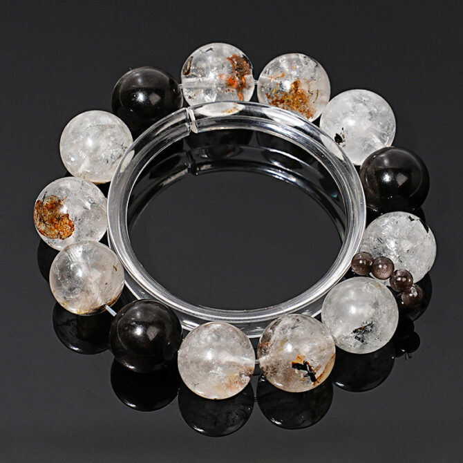Natural Herkimer Diamond Crystal Bracelet with Obsidian and Silver Sheen Obsidian, 14MM in size. - Image 2