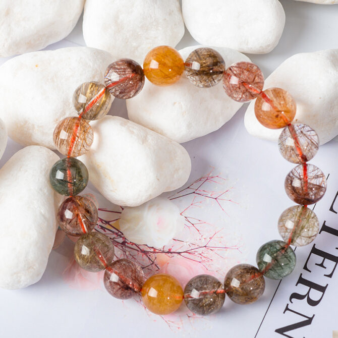 Natural multi-gem colorful rutilated quartz Fulu Shou bracelet, a fashionable couple's accessory - Image 5