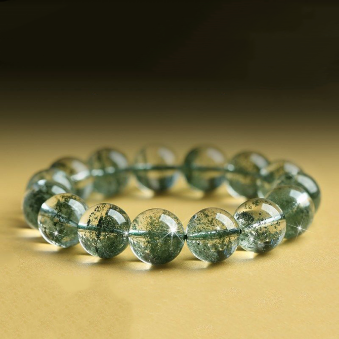 Natural Brazilian green phantom quartz bracelet in starry sky/snowflake style with the pattern of treasure bowl - Image 2