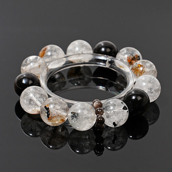 Natural Herkimer Diamond Crystal Bracelet with Obsidian and Silver Sheen Obsidian, 14MM in size. - Image 3