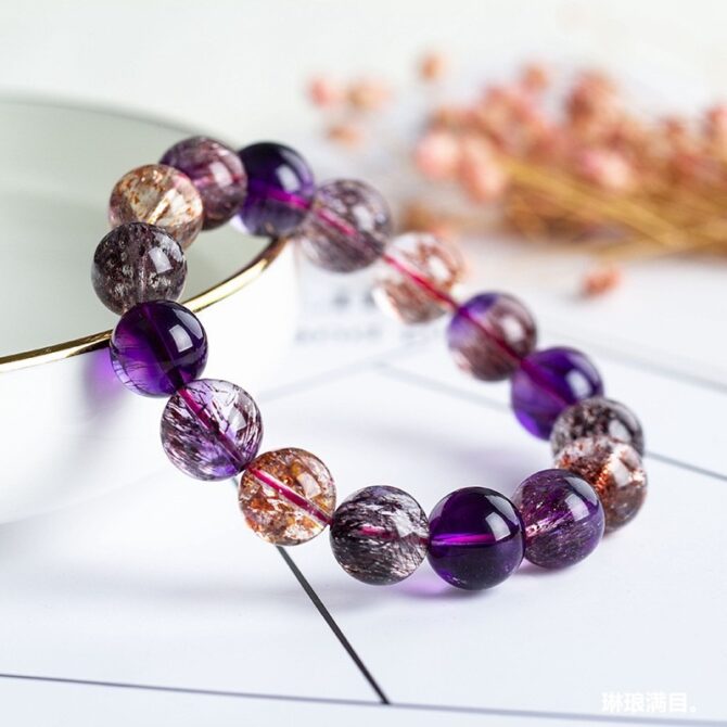 Natural Super Seven Crystal Bracelet with Tourmaline, Rutilated Quartz and Agate